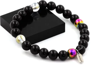 Immagine prodotto di Bracciale perle di agata nera + quarzo titanio + ematite multicolore 8 mm