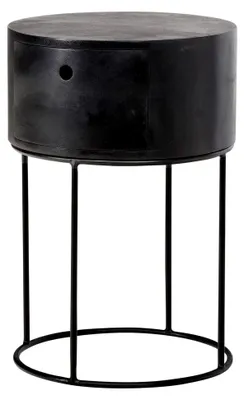 Produktbild von Runde Nachtkonsole aus massivem Mangoholz in Schwarz mit Schublade – moderner Nachttisch im Industrial Design mit Stauraum, ideal für Boxspringbetten – 40x40x60 cm