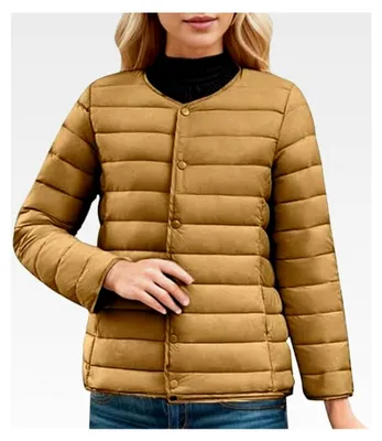 Produktbild von Kurze Steppjacke für Damen, warme Daunenjacke mit Reißverschluss, dünne Pufferjacke ohne Kapuze, faltbare Oberbekleidung für Herbst und Winter, gesteppter Mantel, bequemer einfarbiger Wintermantel