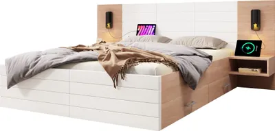 Produktbild von Doppelbett 140x200cm Funktionsbett£šohne Matratze£©Mit Schubladen Jugendbett Gaestebett Kopfteil Leselicht mit USB Ladefunktion mit 2 Nachtkommode
