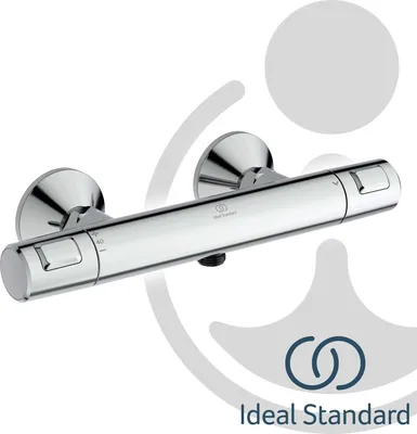 A chrome thermostatic shower mixer tap mounted on a white background with graphic overlays.