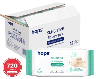 Produktbild von HOPS Sensitive Babyfeuchttücher 12 x 60 Stück, parfümfrei, plastikfrei, 100 % Naturfasern, Aloe Vera & Provitamin B5
