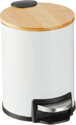 Produktbild von Relaxdays Mülleimer Bad, 3 l, Kosmetikeimer Absenkautomatik, Bambusdeckel, entnehmbarer Inneneimer, Treteimer, weiß