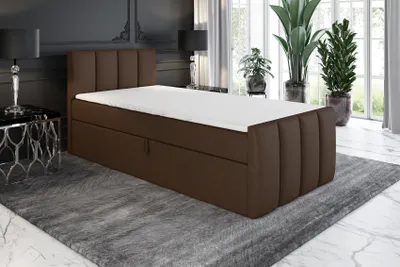 Produktbild von Boxspringbett, Jugendbett FUNI 90x200 (Links) mit Bettkästen, Bonell-Matratze und Topper. Farbe: Braun.