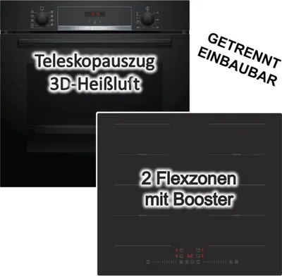 Produktbild von HERDSET Bosch Backofen Teleskopauszug + PKM Induktionskochfeld - schwarz autark 60 cm