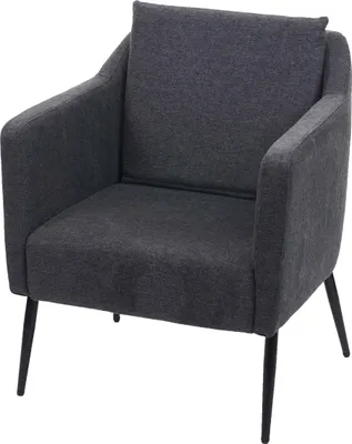 A dark gray upholstered armchair with black metal legs, presented against a plain white background.