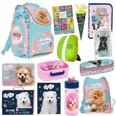 Produktbild von Set 13er XXL Schulranzen Ranzen Tornister Federmappe Turnbeutel Tagebuch Sammelmappe Zuckertüte Schürze Brotdose Trinkflasche Regenschutz Aufgabenheft für die Grundschule Hund Dog Motiv