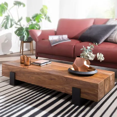 Immagine prodotto di Tavolino FineBuy in legno massello di sheesham, rettangolare, 115 cm – Tavolino da salotto dal design industriale moderno con gambe in metallo | Realizzato a mano