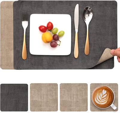 Produktbild von Tischsets abwaschbar Leder und Untersetzer doppelseitige Platzsets | Platzdeckchen abwaschbar 4er Set rutschfest Tischsets Platzsets abwaschbar Kunstleder (Grau Beige, 4er Set)