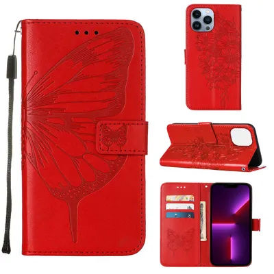 Produktbild von iPhone 13 Pro Hülle, Schmetterling Prägung Flip Leder Kartenfächer Schutzhülle Ledertasche mit Ständer für iPhone 13 Pro Rot