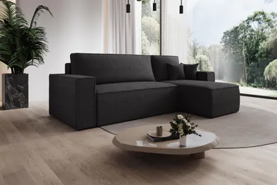 Zdjęcie produktu dla Nowoczesna narożna sofa Milano w kształcie litery L z funkcją spania i schowkiem na pościel, zestaw wypoczynkowy z pufą, sofa tapicerowana do salonu o nowoczesnym designie