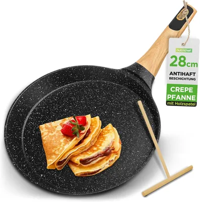 Produktbild von NutriChef Crepe Pfanne 28 cm Schwarz – Antihaft & Marmorbeschichtet Mit Holzspatel, Induktionsgeeignet & spülmaschinenfest