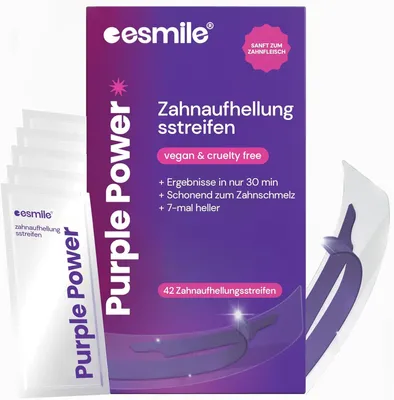 Productafbeelding van 42 professionele tandbleekstrips, paars – direct resultaat, effect V34 – snelle tandbleking thuis | Ideaal voor koffievlekken en wijnvlekken