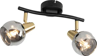 Produktbild von QAZQA - Art Deco Art Deco Deckenleuchte I Deckenlampe I Lampe I Leuchte schwarz mit Rauchglas 2-flammig-Licht - Vidro I Wohnzimmer I Schlafzimmer - Rund I Länglich - LED geeignet E14