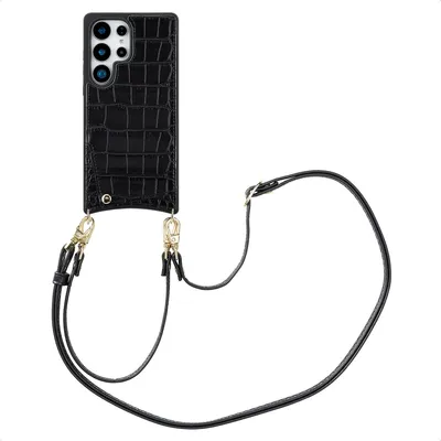 Zdjęcie produktu dla Etui na telefon Selencia Nova Croco ze sznurkiem i uchwytem na kartę do Samsung Galaxy S25 Ultra - czarny