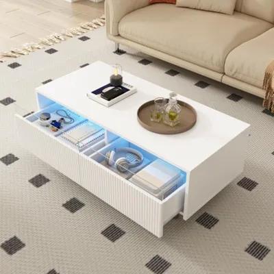 Produktbild von LED-Couchtisch Schubladenplatte,Kaffeetisch mit Schubladen und Sofatisch einen farbwechselnden LED-Lichtstreifen