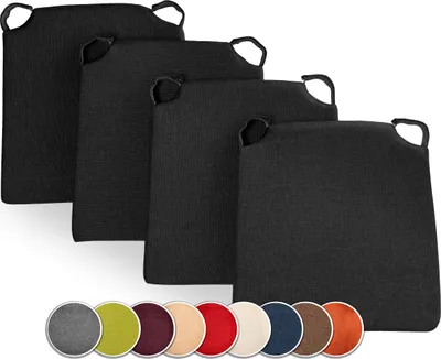 A set of black chair cushions arranged in a staggered formation, with a row of color swatches below.