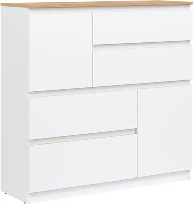 Obrázek produktu pro Komoda 75x105x35 cm REMI RM06 se 2 dvířky a 4 zásuvkami Skříňka do obývacího pokoje Bílá/dub Evokace