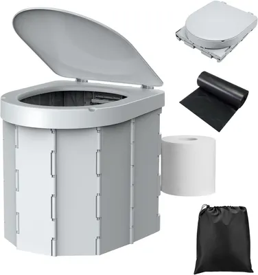 Obrázok produktu pre Prenosná toaleta – skladacia toaleta – vhodná na kempovanie a cestovanie – ergonomický dizajn – nosnosť do 180 kg – sivá farba