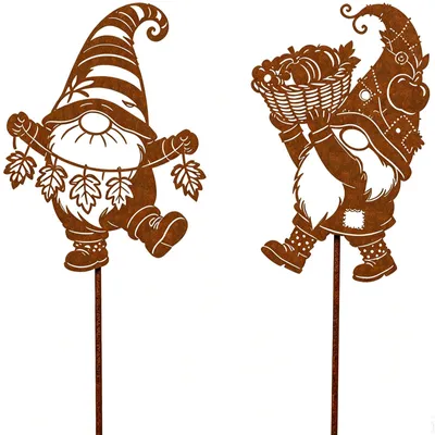 Imagen del producto de Clavo decorativo para jardín, diseño de gnomo otoñal, metal, aspecto oxidado, ideal para jardín y balcón