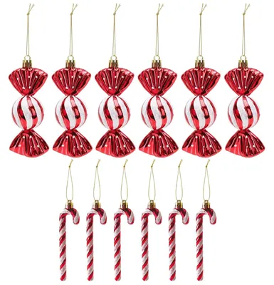 Image de Jeu de décorations de Noël - 12 pièces, comprenant 6 boules de Noël rouges et 6 décorations en forme de bonbons rouges - Idéal pour décorer le sapin et la maison