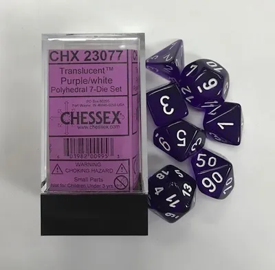 Obrázok produktu pre Súprava 7 kociek Chessex Priesvitná fialová/biela