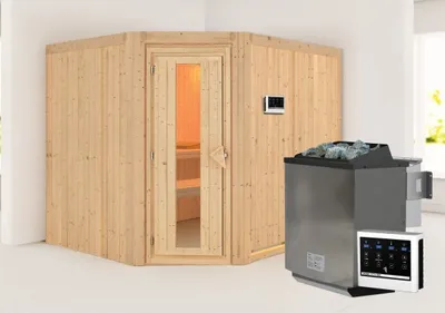Produktbild von Karibu Sauna Innensauna Malin Eckeinstieg Ofen 9 kW  externe Strg easy 231x196x198 cm ohne Dachkranz mit Energiespartür