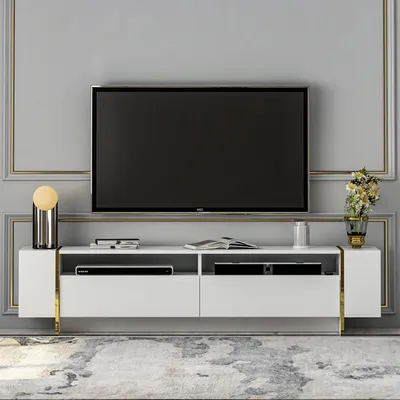 Image de HOMIDEA Angel TV - Meuble TV bas avec 2 portes, design moderne pour le salon (blanc brillant)