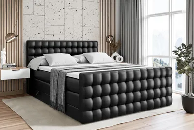 Produktbild von ALTDECOR Boxspringbett mit Matratze und Lattenrost  - VIONE -Z KING  - 200x200 cm -Schwarz Kunstleder - Topper, Fußteil, Polsterbett mit Bettkasten, Bett mit Stauraum H3 - und H4 - Matratze, Doppelbett, Springboxbett
