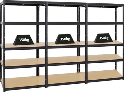 Produktbild von Mega Deal | 3x Schwerlastregal Slim Elephant M | HxBxT 180x90x60 cm | 5 Ebenen | Fachlast 350 kg | Schwarz