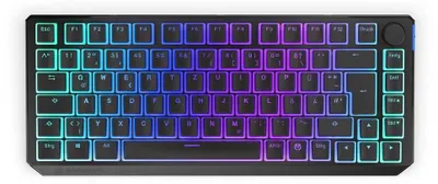 A top-down view of a black mechanical keyboard with RGB backlighting.