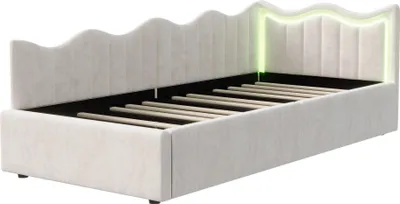 Produktbild von ProximaX Beigefarbenes Samtsofa und Kinderbett (90 x 200 cm) mit LED-Beleuchtung und Gasdruckfedern – Sofa und Einzelbett mit Stauraum und Lattenrost – Modernes Samtbett für Jugendliche
