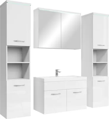 Produktbild von Badplaats Badmöbel Komplettset Paso XL LED 80 x 40 cm Weiß Hochglanz - Badezimmermöbel mit Waschbecken, Spiegelschrank und 2 Badezimmerschränke