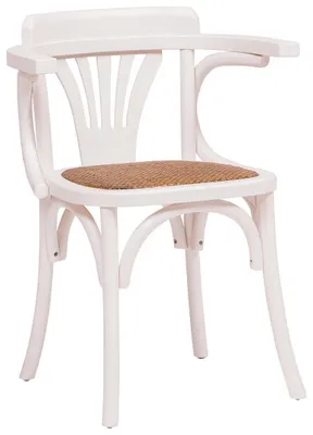 Produktbild von Bistrostuhl mit Armlehnen aus massivem Eschenholz mit antikiertem weißem Finish und Sitz aus Rattanfaser L45×42×77 cm