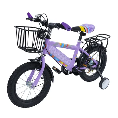 Obrázek produktu pro 14palcové dětské kolo s pomocnými kolečky, fialové, s košíkem, pro děti ve věku 3–6 let, max. 50 kg