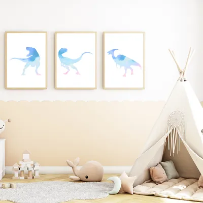 Produktbild von T-Rex Dinosaurier Bilder 3er Set DIN A4 Kinderzimmer Dino Poster Babyzimmer Wandbilder Dekoration