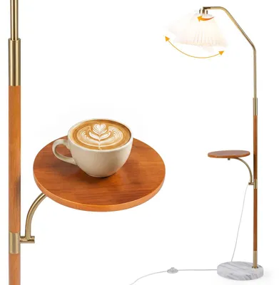 Produktbild von KOMFOTTEU 160 cm Stehlampe mit Ablage, elegante Standlampe mit E27 Fassung | Stehleuchte mit Plissee Lampenschirm aus Papier, verstellbarem Lampenkopf und Fußschalter für Schlafzimmer und Wohnzimmer