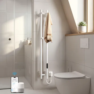 Produktbild von Heilmetz Elektrischer Handtuchheizkörper Smart WLAN Handtuchtrockner 120x12 cm mit Thermostat & Timer, Platzsparend, Weiß, 145W, Mit / Ohne heizstab