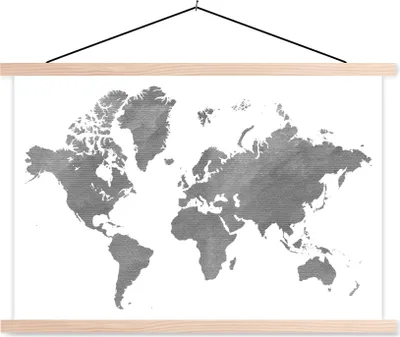 Produktbild von MuchoWow® Textilposter Weltkarte - Grau - Vintage 120x80 cm mit holzfarbenen Rahmen - Aufhängeset