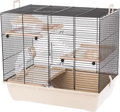 A multi-level hamster cage with tubes and platforms.