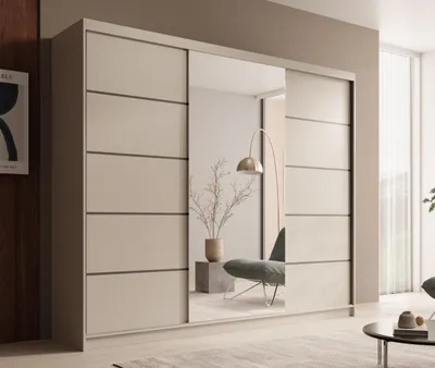 Produktbild von Schrank mit Spiegel mit dekorativen Sprossen – moderner Kleiderschrank - Schiebetürenschrank Tivora 250 – Kaschmir