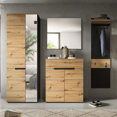 Produktbild von Garderoben-Set mit Garderobenschrank & Schuhschrank in Eiche & Grau, 3-teilig - CORTANA-158