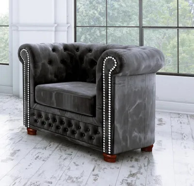 Produktbild von S-STYLE MÖBEL - Chesterfield Jutta Sessel aus Schwarz Samt-Stoff mit Holzfüßen, B/T/H: 94 cm/ 86 cm/ 72 cm