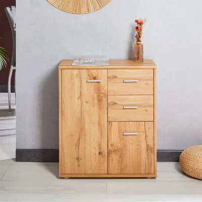 Produktbild von Kommode LOCARNO mit 2 Türen und Schubladen, modernes Highboard Bürokommode in Wotan Eiche