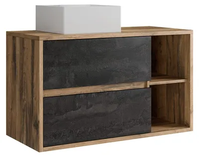 Produktbild von Wandbadezimmerschrank mit Einzelwaschbecken, in Natur und Anthrazit - 100 cm - TIKITIKI