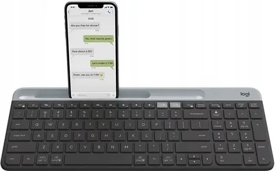 Zdjęcie produktu dla Logitech Slim Multi-Device Keyboard K580, Pełnowymiarowy (100%), Bezprzewodowy, RF Wireless + Bluetooth, QWERTY, Grafitowy