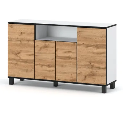 A modern sideboard with a wood-grain finish and white accents, presented on a white background.