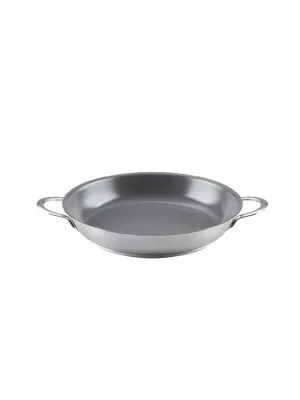 A stainless steel frying pan with two handles is shown against a white background.