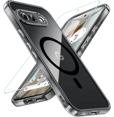 Image de Coque de protection pour Google Pixel 9a, compatible MagSafe, en verre trempé, antichoc, transparente, noire