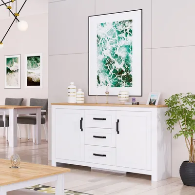 Image de Homestyle4u Commode Buffet Chêne Mat Blanc Bois Massif Armoire Avec Tiroirs Highboard Buffet